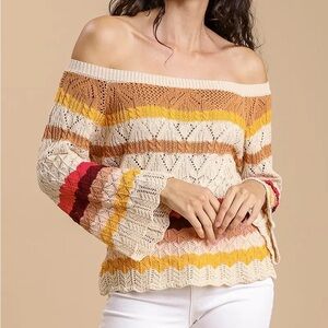 NWT UMGEE Bohemian Stripe Off Shoulder Bell Sleeve Sweater S M L